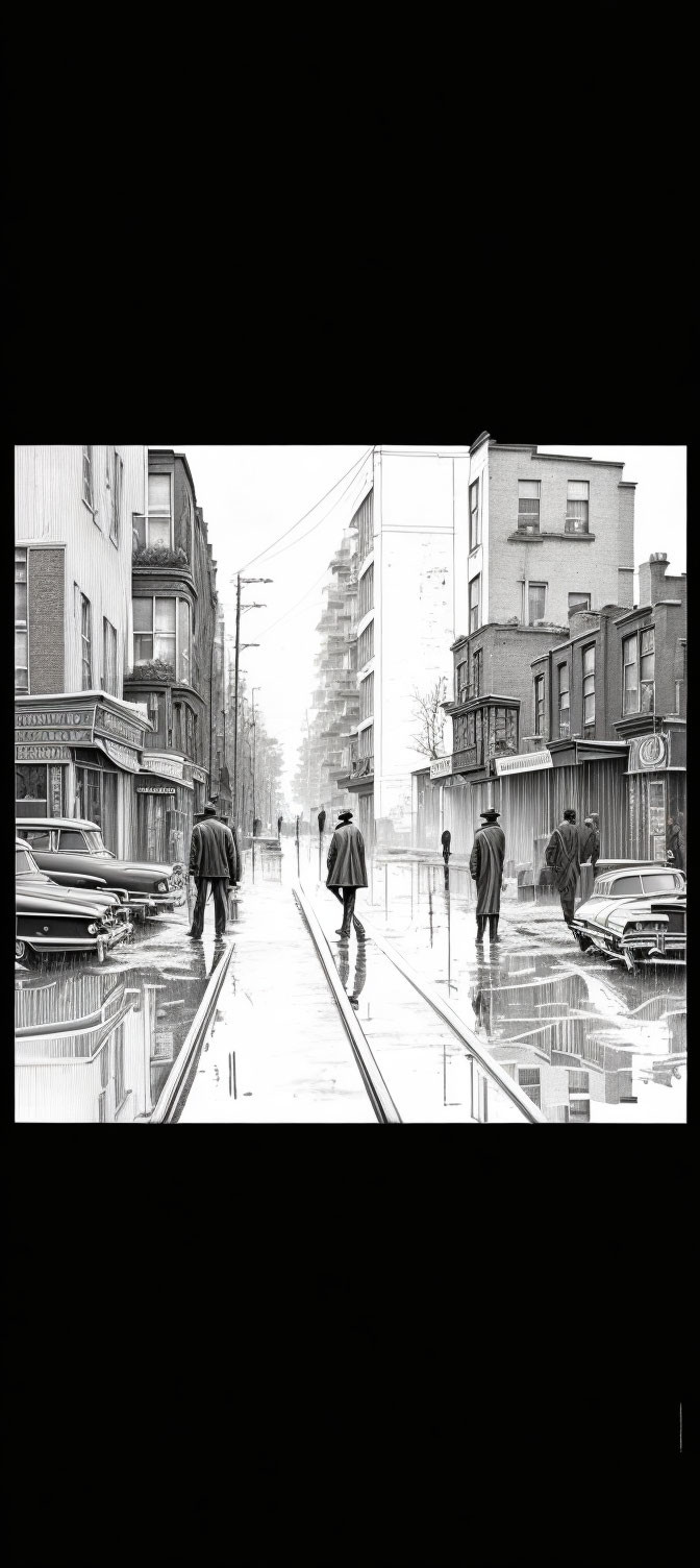 Monochrome urban street scene with reflections, parked cars, and pedestrians