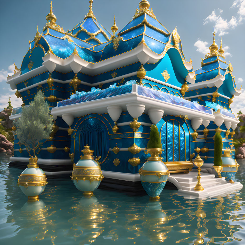 Fantasy-style floating palace with blue and gold domes in cloudy sky