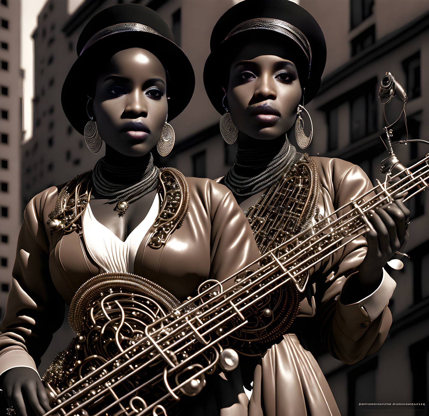 Two women in golden outfits pose with saxophone against city backdrop