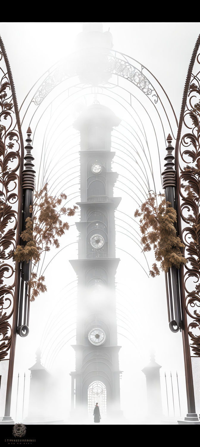 Figure under ornate archway gazes at foggy clock tower