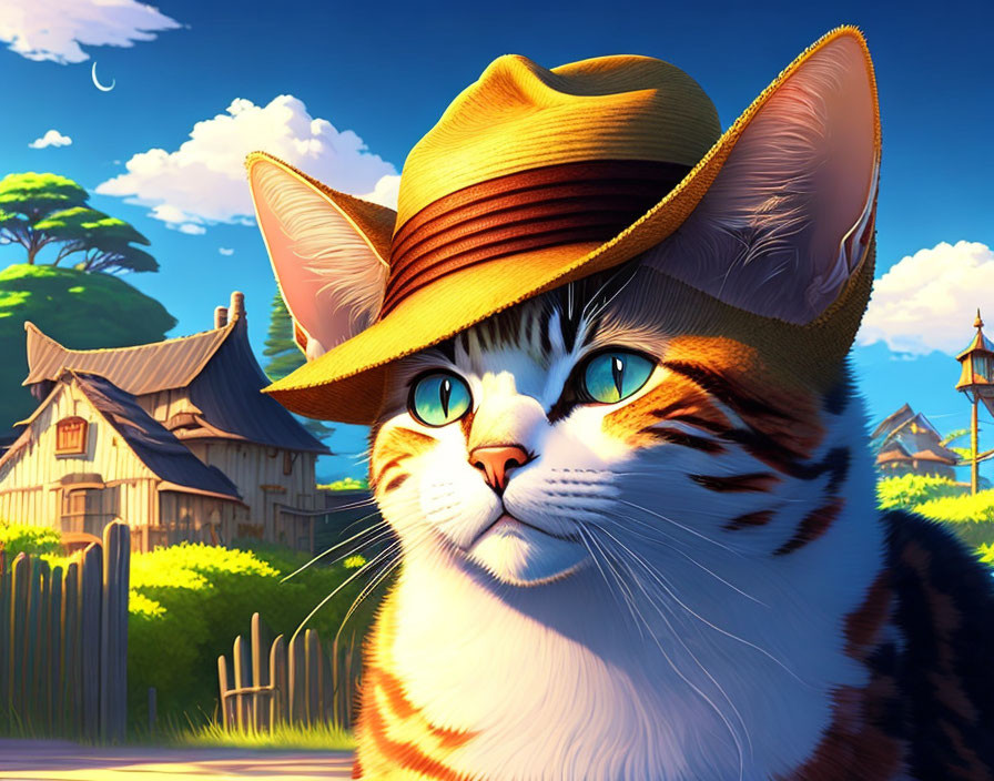 Stylized orange tabby cat with fedora hat in whimsical village landscape