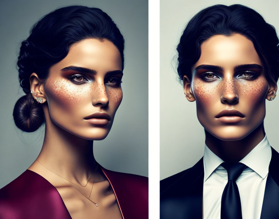 Portraits of same model in feminine and masculine attire side-by-side