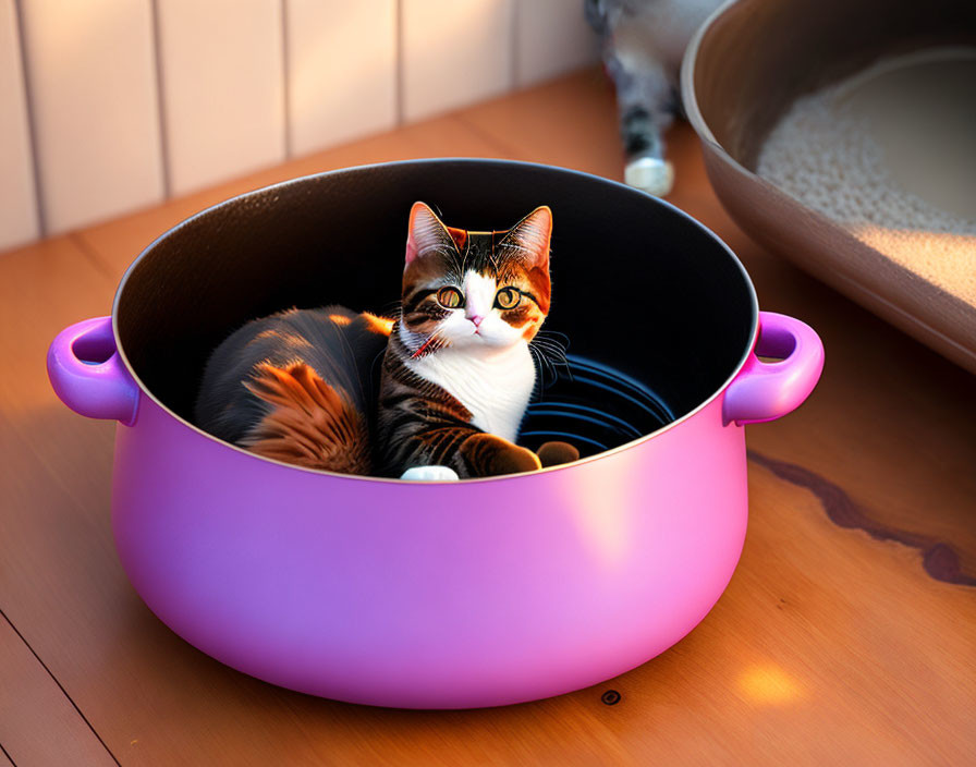 Curious cat in purple pot on wooden surface with warm sunlight glow