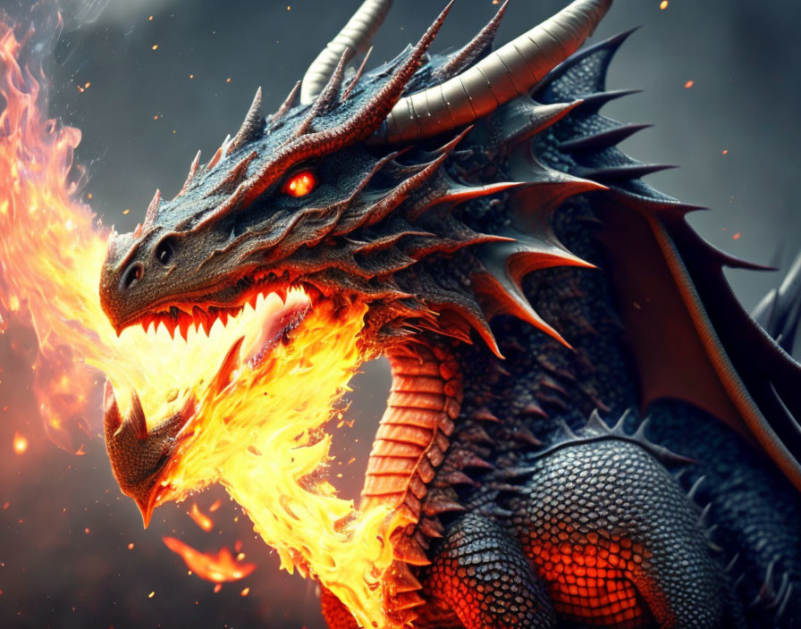 Detailed fiery dragon with glowing red eyes and fire breath.