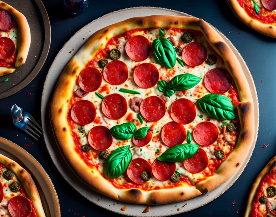 Pepperoni, Mozzarella, Olive, and Basil Pizza on Dark Table