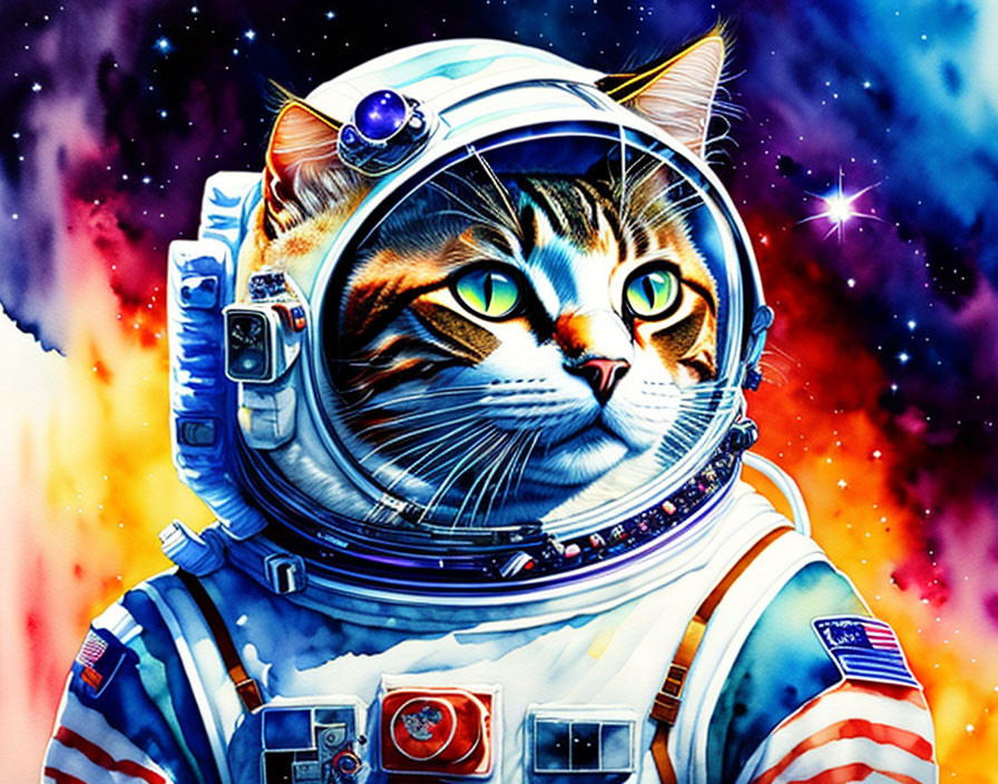 Colorful Cat in Astronaut Suit Surrounded by Cosmic Background