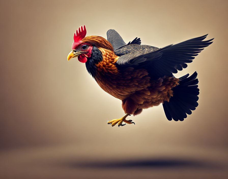 Flying Chicken with Outstretched Wings and Legs on Brown Background