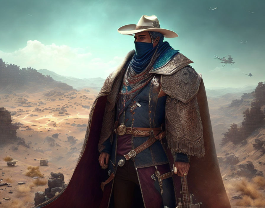 Cowboy in desert with cloak, gun belt, and futuristic aircrafts.