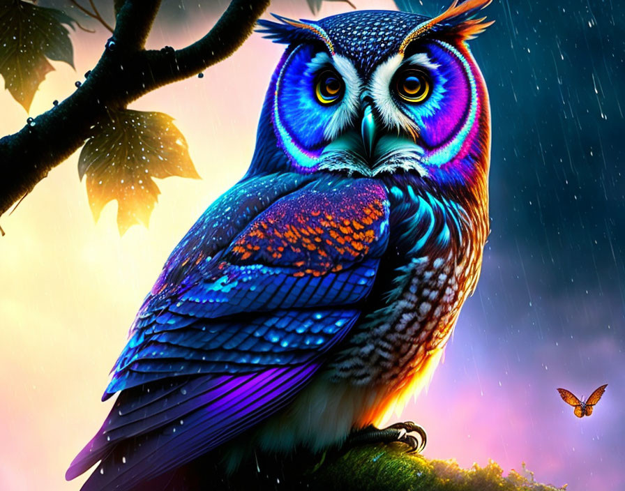 Colorful Owl Illustration with Blue and Orange Plumage in Twilight Rain