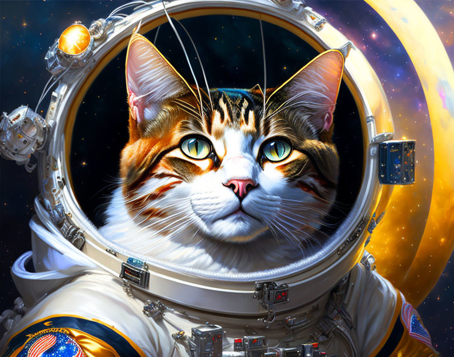 Colorful Cat Illustration Wearing Astronaut Helmet in Cosmic Setting