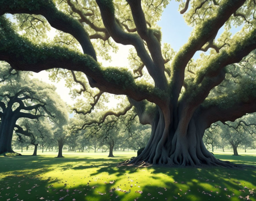 Majestic oak tree with intricate branches in lush forest