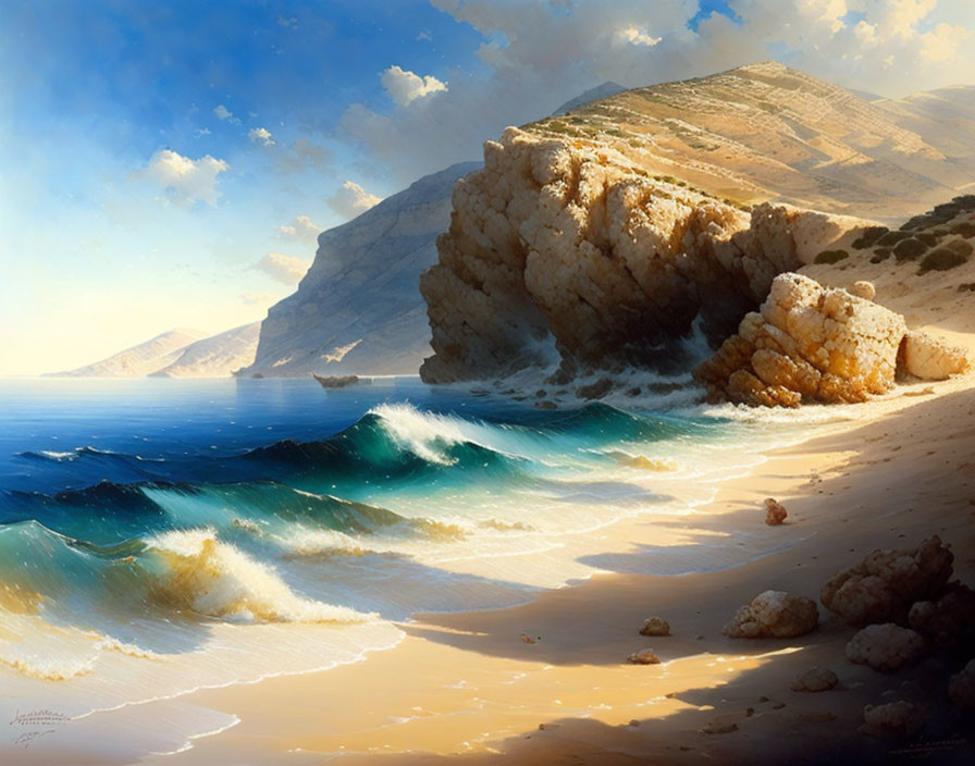 Tranquil beach scene with waves, sandy shore, cliffs, and clear sky