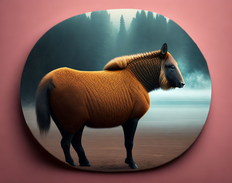 Animal with Horse Body & Baboon Head in Misty Forest Oval Frame