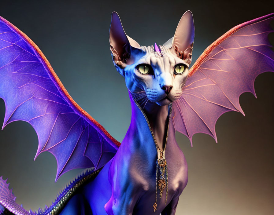 Blue sphynx cat with bat-like wings and gold necklace.