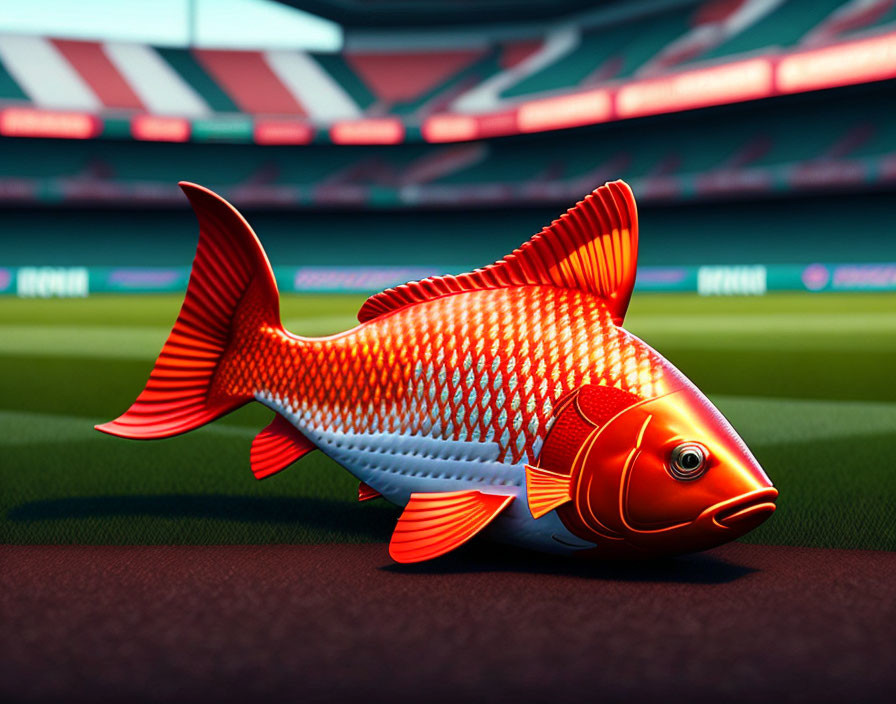 Red and Orange Fish with Soccer Ball Pattern on Grass Field Background