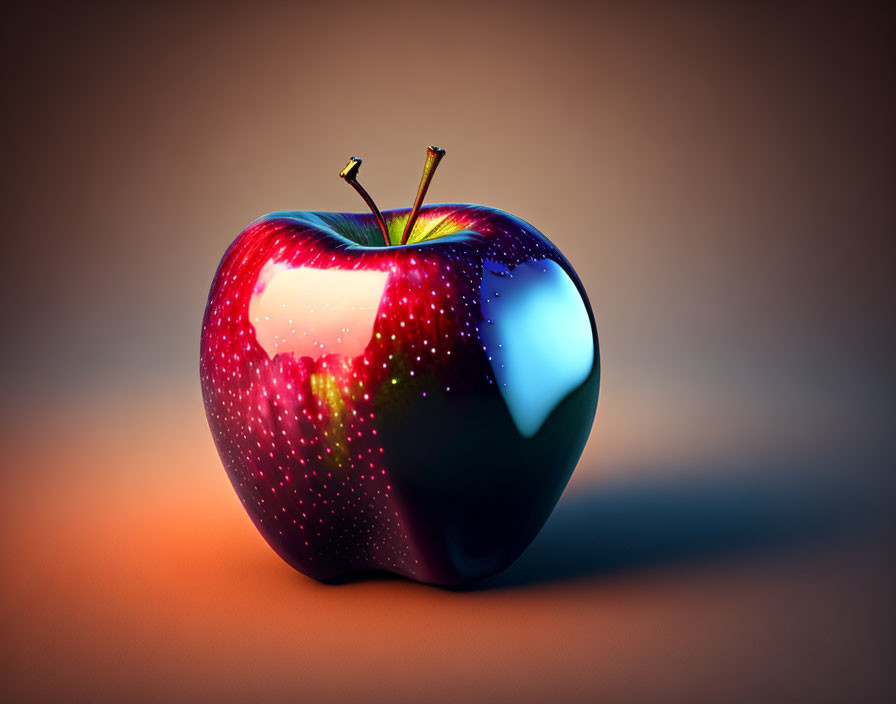 Shiny red apple with cosmic starry pattern on warm gradient background