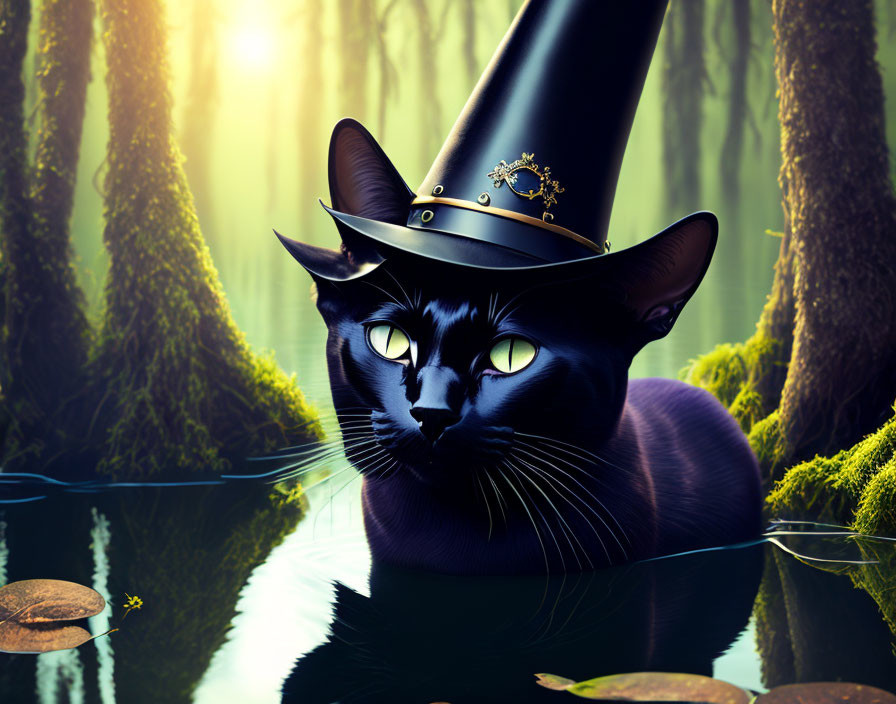 Stylized black cat with top hat by mystical forest pond