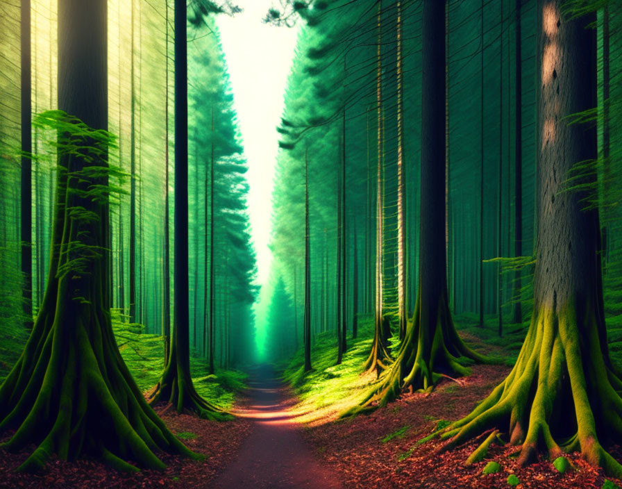 Mystical forest path with towering trees and exaggerated buttress roots