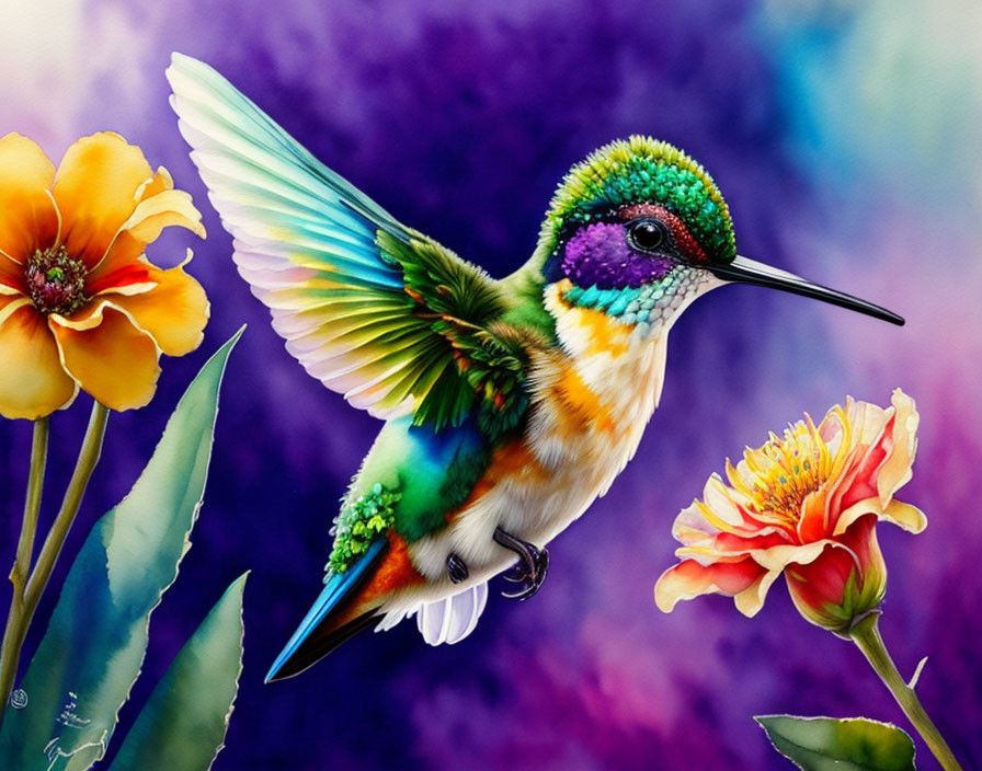 Colorful hummingbird painting with orange flowers on purple background