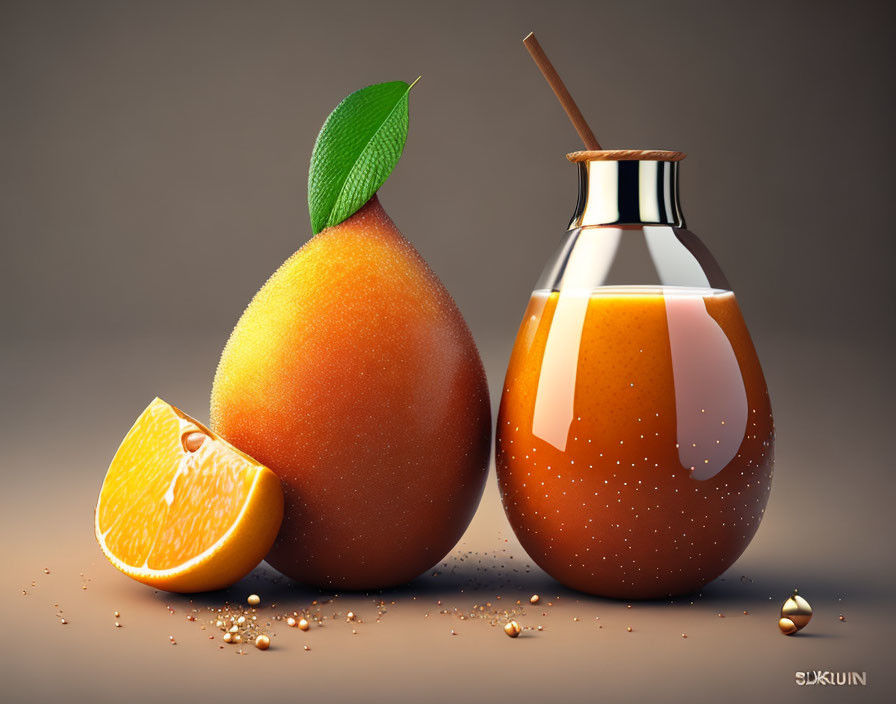 Stylized image of pear, orange slice, and bottle with dewy texture