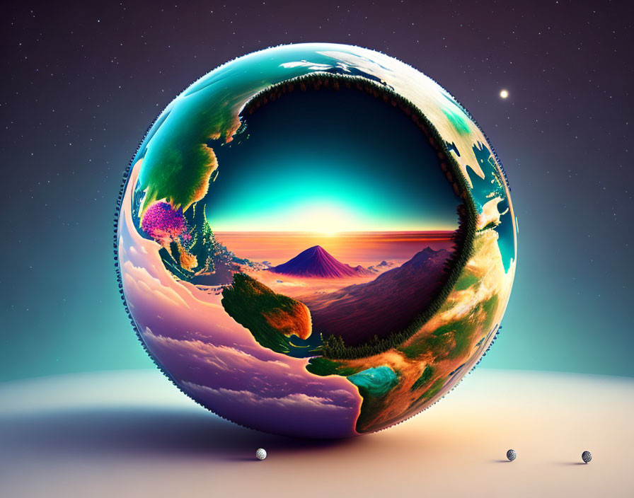 Surreal spherical landscape with dreamlike terrain and starry sky