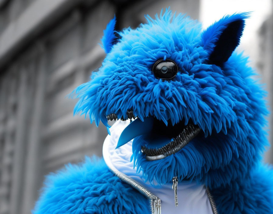 Bright Blue Furry Costume with Sharp Teeth and Large Eye