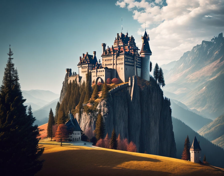 Castle on Cliff with Pine Trees and Mountains in Warm Light