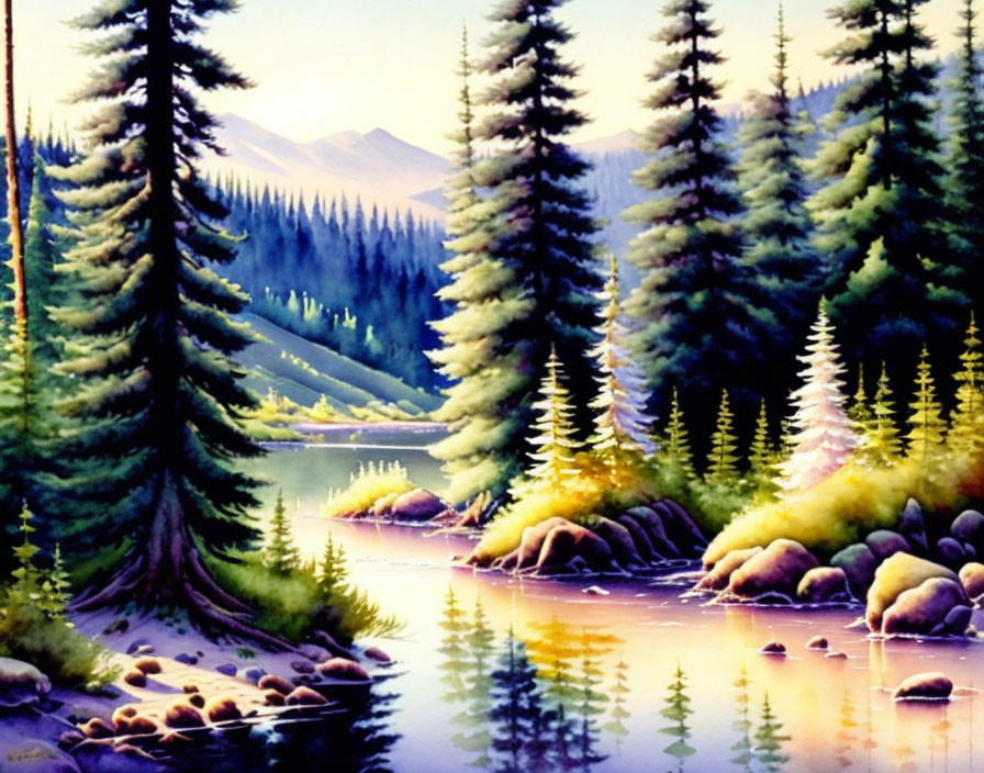 Scenic forest painting with tall pines, serene lake, and misty mountains