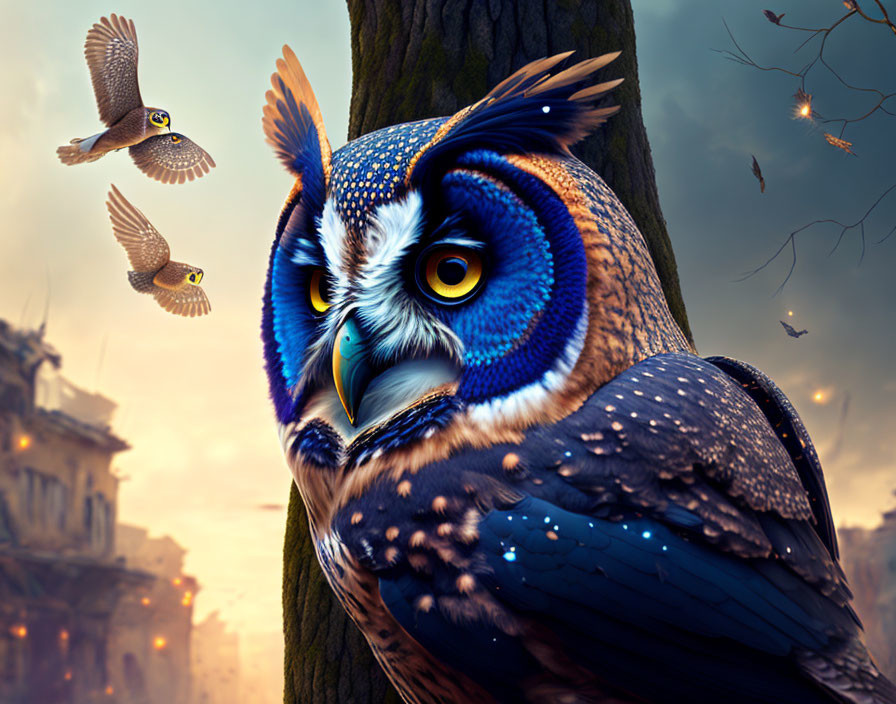 Colorful Stylized Owl Perched on Tree with Birds and Cityscape