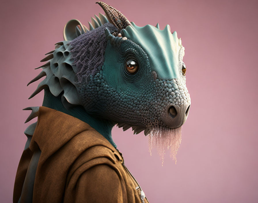 Fantasy creature with reptilian features and spiky scales on pink background