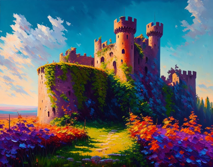 Medieval castle painting with vibrant colors and dynamic sky