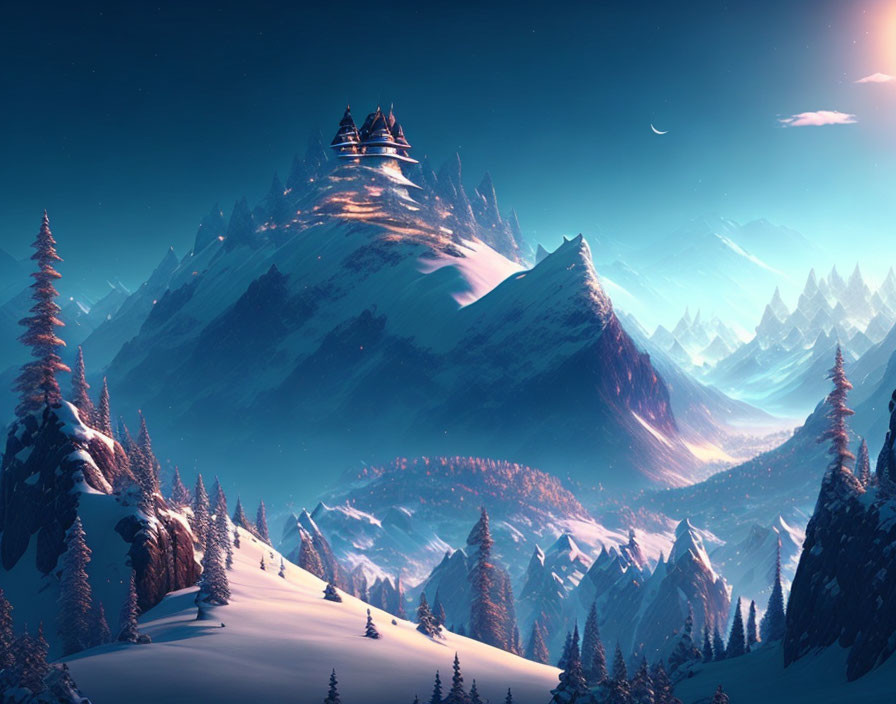 Snowy mountain castle in pine forest under twilight sky