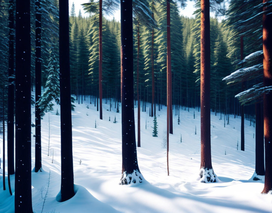 Snowy forest with tall trees in soft light