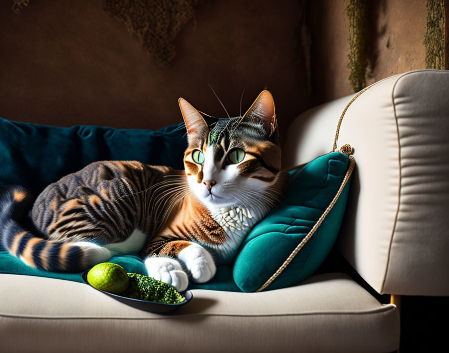 Striped cat on cream sofa with green pillow and lime spoon in warmly lit room