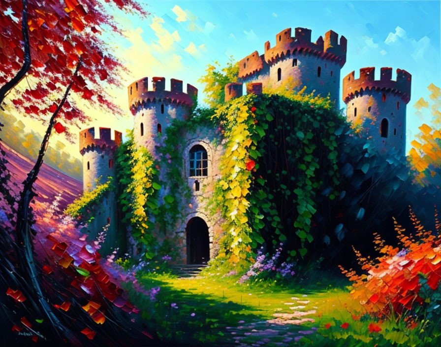 Enchanted castle painting with lush foliage and sunlight