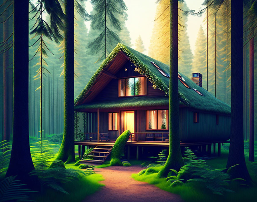 Tranquil A-Frame cabin in lush forest with sunlight peeking through trees