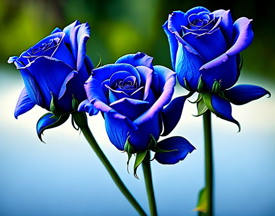 Three Vibrant Blue Roses on Green Stems in Blurred Background