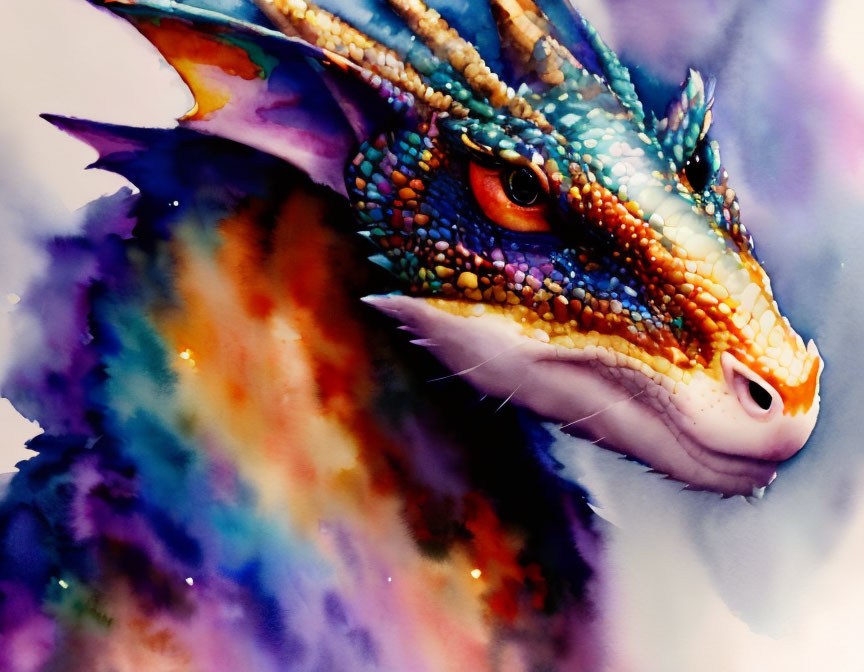 Vibrant Watercolor Painting of Dragon Head with Colorful Scales