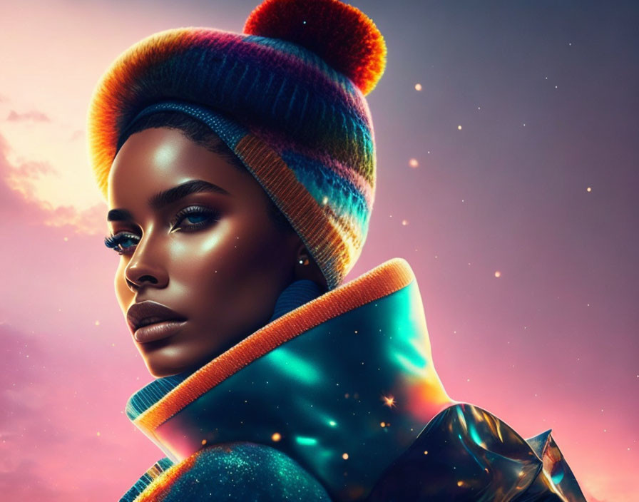 Colorful Beanie and Cosmic Jacket on Woman in Twilight Sky