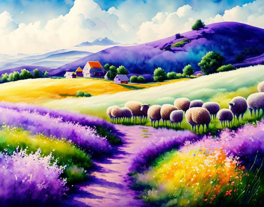 Colorful Countryside Painting: Sheep, Wildflowers, Hills, House, Mountains