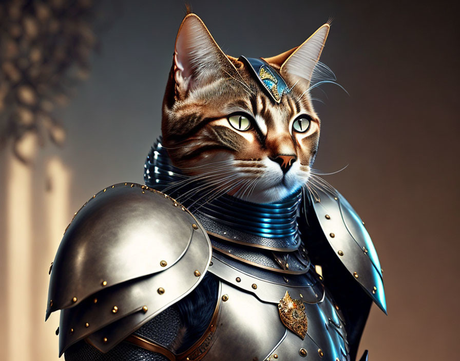 Digital artwork: Cat in medieval armor with crown-like adornment