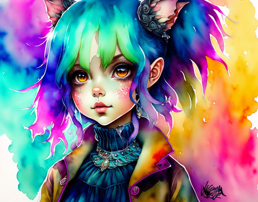 Vibrant Stylized Girl with Green Hair and Cat Ears on Colorful Watercolor Background