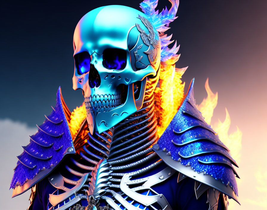 Blue-Glowing Skeleton in Ornate Armored Design Against Dramatic Sky