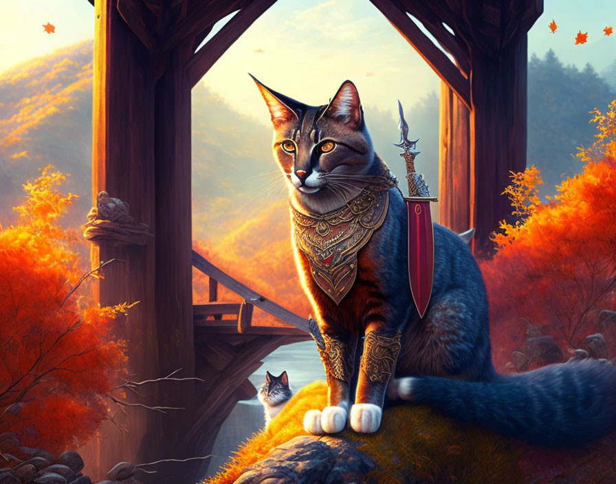 Majestic armored cat on bridge in mystical forest with sword and reflection