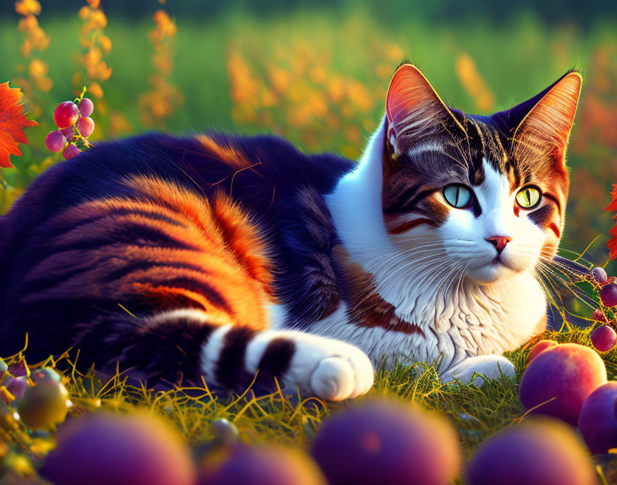 Tabby and White Cat Relaxing in Field at Sunset