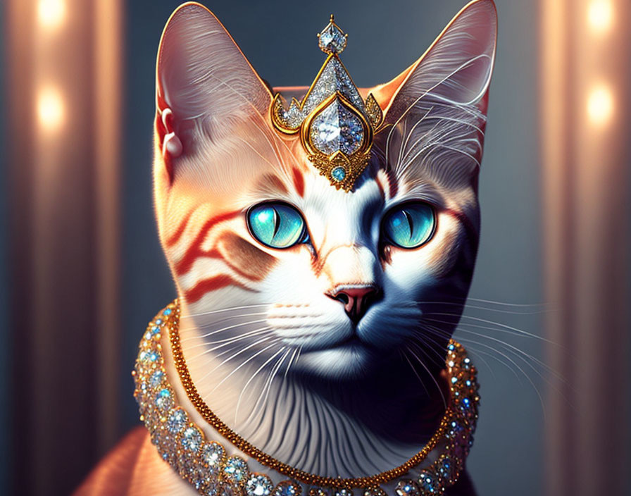 Regal Cat with Striking Blue Eyes and Gold Crown