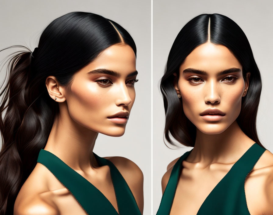 Side-by-Side Portraits of Woman in Green Attire with Sleek Hair and Flawless