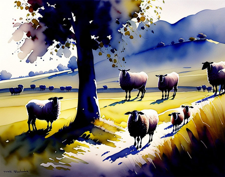 Vibrant watercolor painting: Sheep under tree with blue, yellow, purple hues