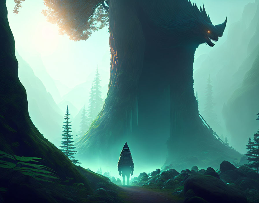 Enigmatic forest scene with giant tree creature and hooded figure among towering pines