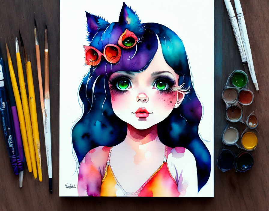 Vibrant illustration of girl with multicolored hair and green eyes surrounded by art supplies